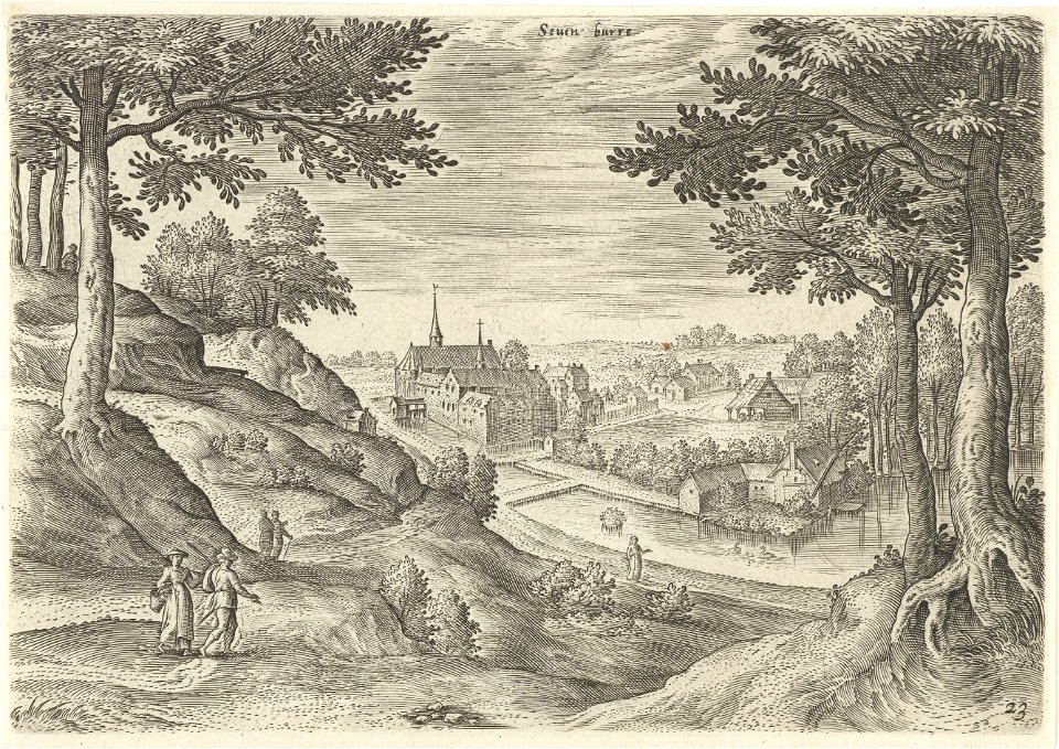 Gezicht op het klooster van Zevenborren, Hans Collaert (I), naar Hans Bol, Jacob Grimmer, 1530 - 1580