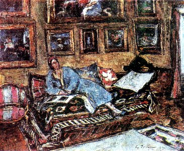 Gheorghe Petrascu - Interior cu femeie in halat albastru pe sofa