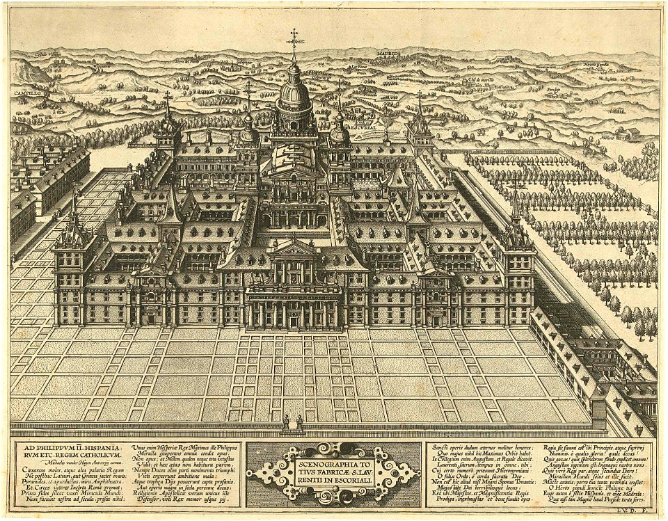 Gezicht op het Escorial in vogelvluchtperspectief