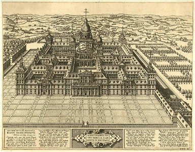 Gezicht op het Escorial in vogelvluchtperspectief