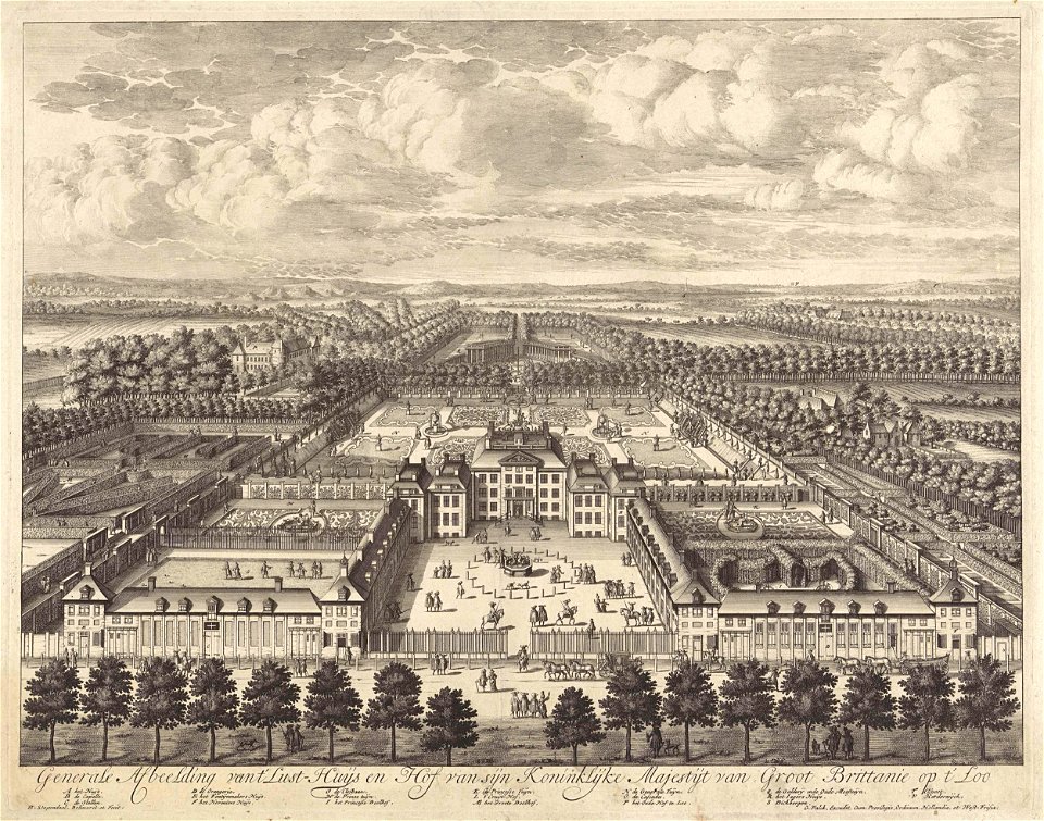 Gezicht op Paleis Het Loo in vogelvlucht