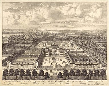 Gezicht op Paleis Het Loo in vogelvlucht