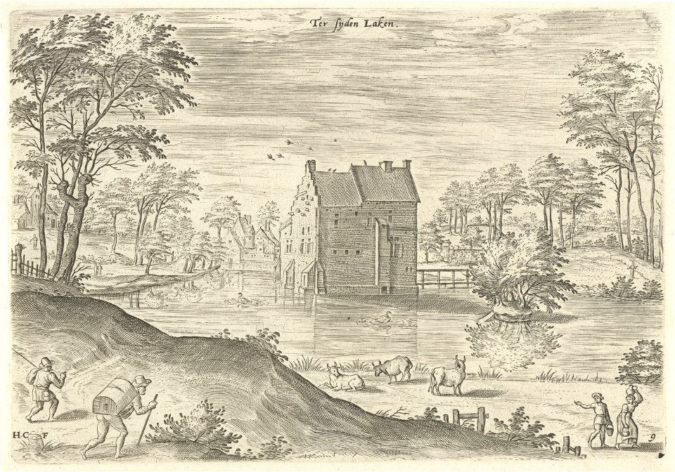 Gezicht op slot Coensborg te Laken, Hans Collaert (I), naar Hans Bol, Jacob Grimmer, 1530 - 1580