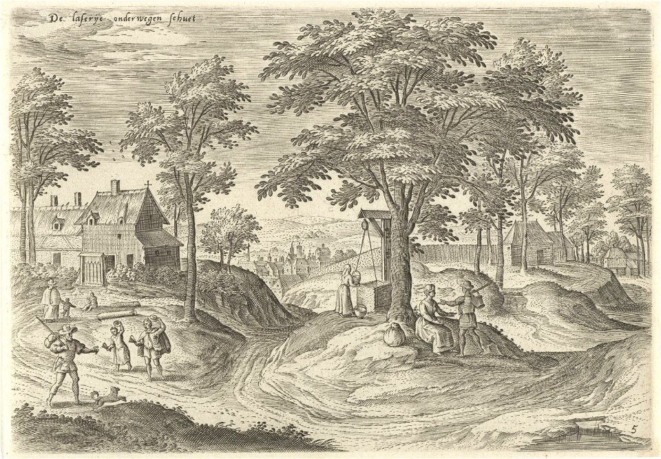 Gezicht op het leprozenhuis van Scheut, Hans Collaert (I), naar Hans Bol, Jacob Grimmer, 1530 - 1580