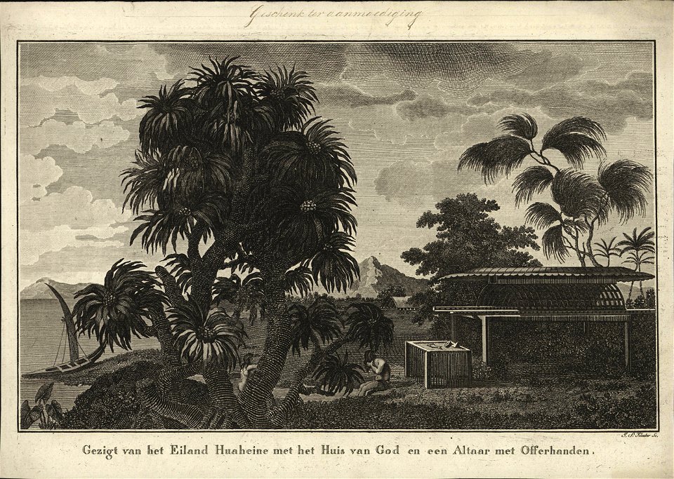 Gezicht van het Eiland Huaheine met het Huis van God en een Altaar met Offerhanden, objectnr A 56878