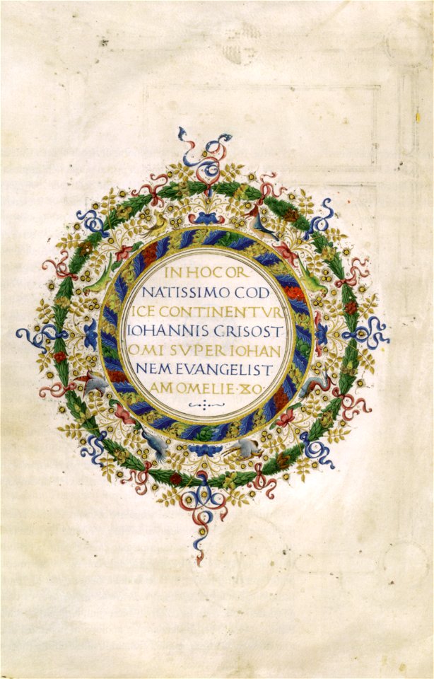 Gherardo di giovanni del fora, antiporta da san giovanni crisostomo, homiliae, bibl ap vat, ms urb lat 34 f 1v