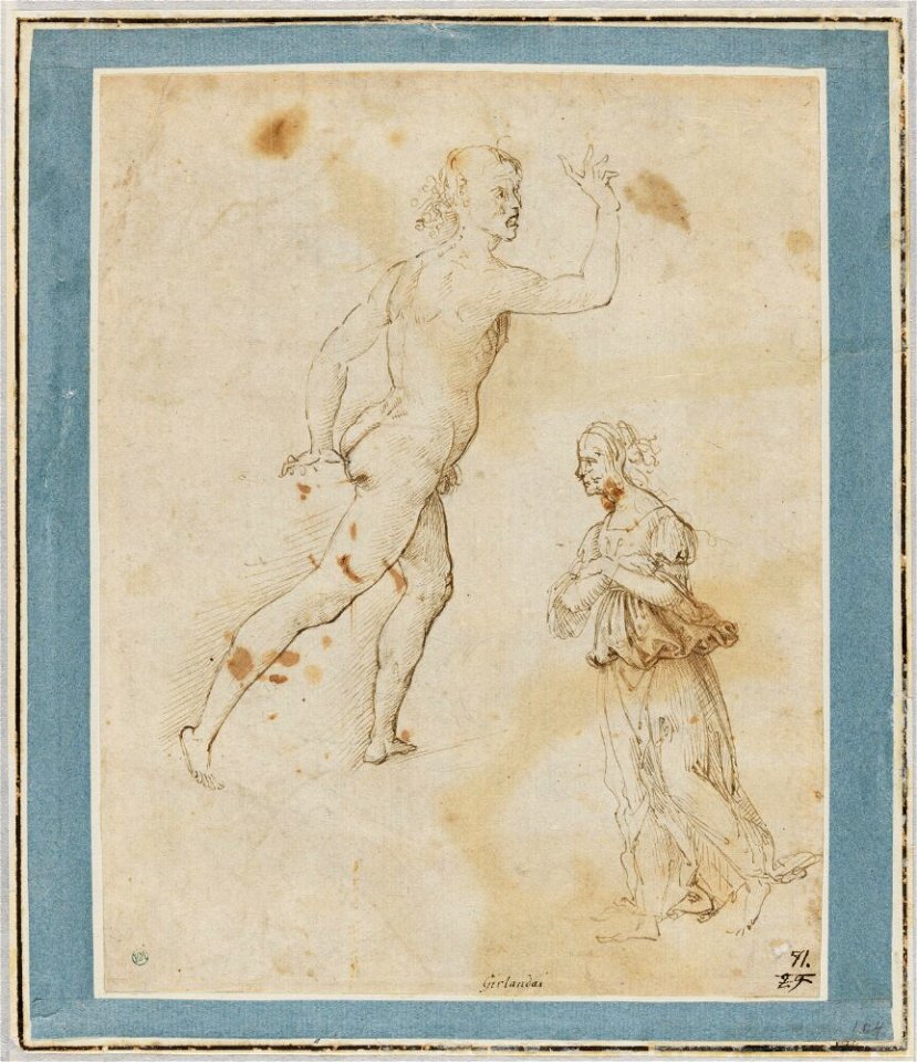 Ghirlandaio - Workshop of - Study of a Male Nude Running and a Woman Walking with her Arms Crossed over her Breast, NMH 1041863