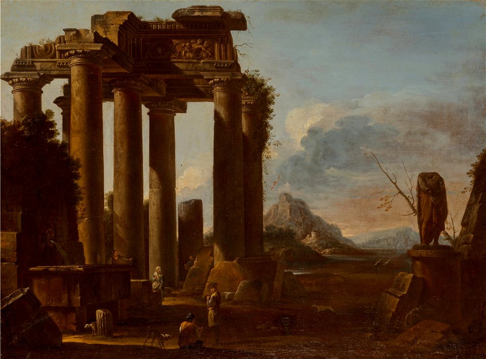 Two Classical Temples in Ruins with Statue, Bas-Relief and Figures by Giovanni Ghisolfi