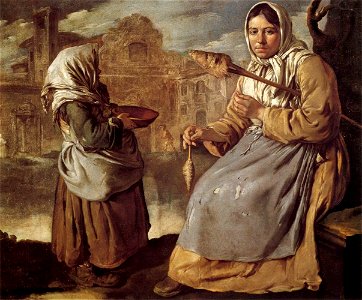 Giacomo Ceruti - Little Beggar Girl and Woman Spinning - WGA4670. Free illustration for personal and commercial use.