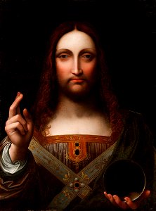 Giampietrino, Salvator Mundi, 16th century, paint on wood panel, 65.4 x 48.3 cm, Detroit Institute of Arts. Free illustration for personal and commercial use.