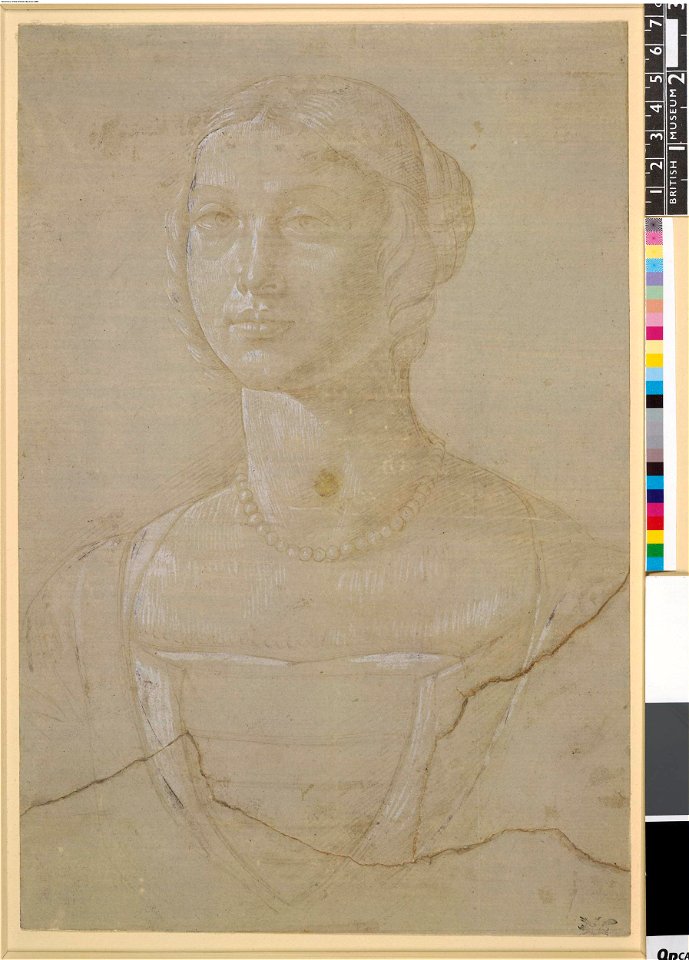 Ghirlandaio - Study of a woman; half-length to front, her hair in plaits tied back, wearing a pearl necklace, Pp,1.27