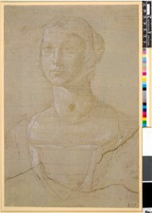 Ghirlandaio - Study of a woman; half-length to front, her hair in plaits tied back, wearing a pearl necklace, Pp,1.27