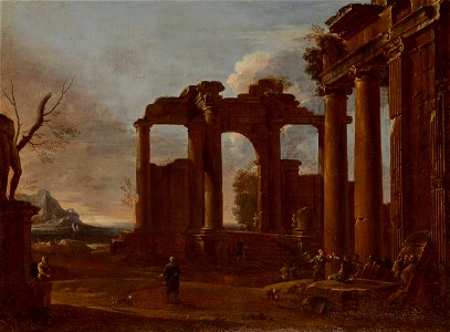 A Ruined Classical Temple of the Tuscan Order with Figures by Giovanni Ghisolfi
