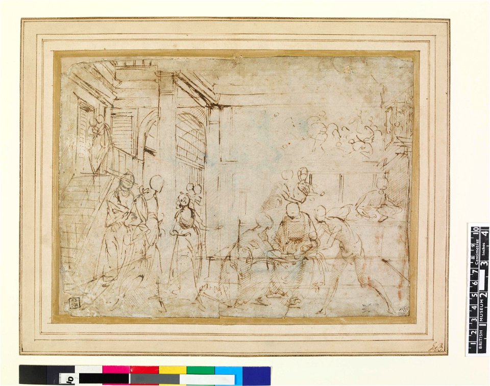 Ghirlandaio - The Birth of the Virgin, with other figures in an interior with staircase at l, 1866,0714.9