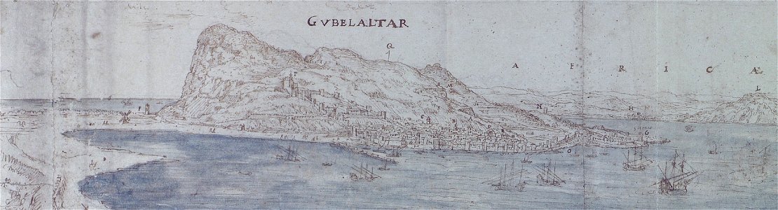 Gibraltar en 1567 (detalle de la 'Vista panorámica de la bahía de Gibraltar hacia la ciudad con la costa africana en el fondo' de Anton van Den Wyngaerde conservado en el Ashmolean Museum de Oxford)