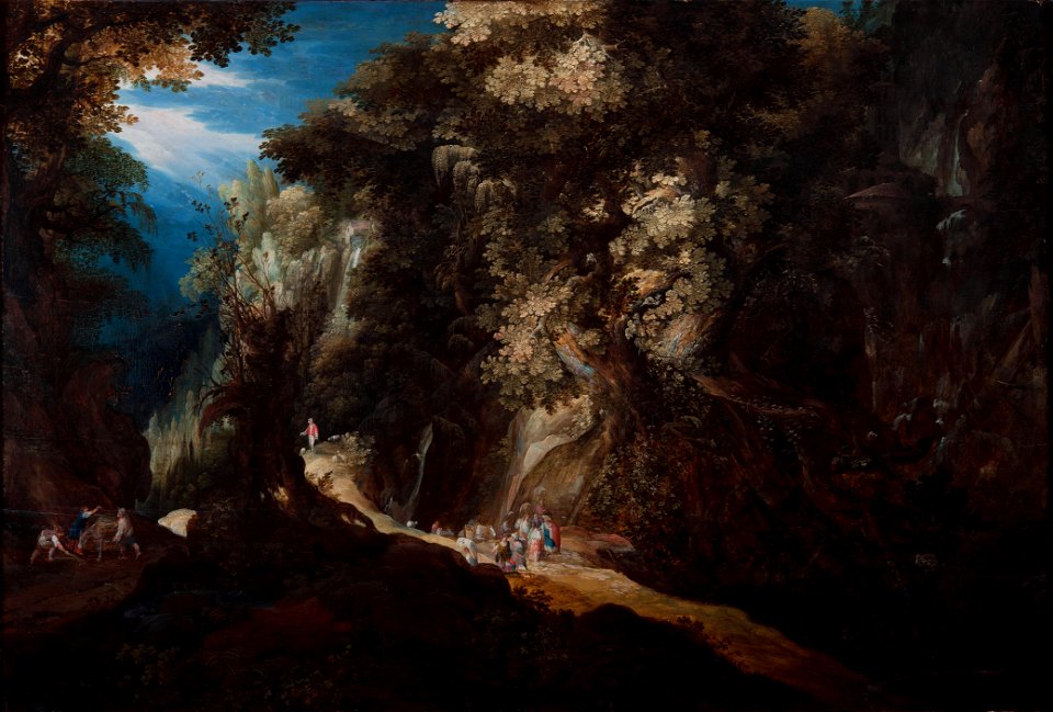 Gijsbrecht Leytens, Wooded Mountain Landscape with Waterfall and Travellers, first half of the 17th century. Oil on panel
