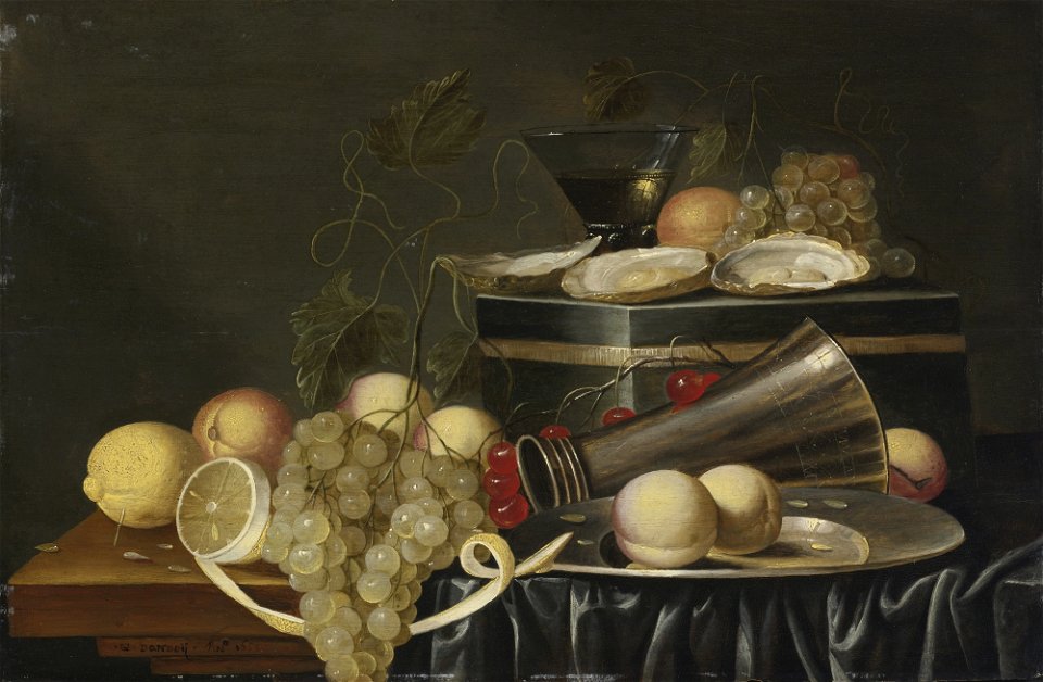 Gilliam Dandoy Still Life with Oysters, Grapes, Lemons, Peaches, and Cherries