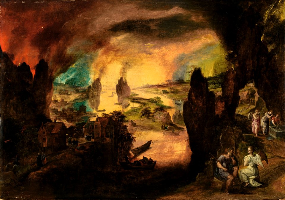 Gillis Mostaert - Lot and his daughters guided by angels, the destruction of Sodom and Gomorrah beyond