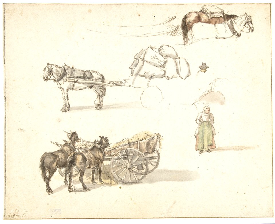 Gillis Neyts - A few studies of carts and a standing female peasant