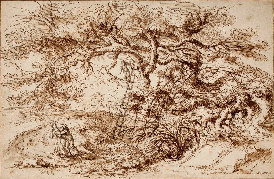 Gillis Neyts - Landscape with a monumental tree and an amorous couple
