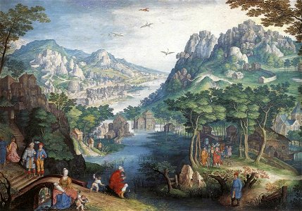 Gillis van Coninxloo - Mountain Landscape with River Valley and the Prophet Hosea - WGA05181. Free illustration for personal and commercial use.