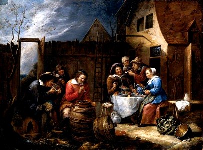 Gillis van Tilborgh - Boors Eating Drinking and Smoking outside a Cottage - WGA22401. Free illustration for personal and commercial use.