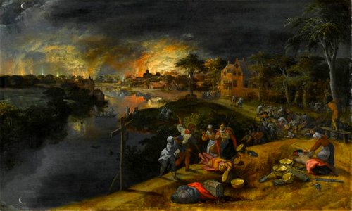 Gillis Mostaert - Scene of war and fire. Free illustration for personal and commercial use.