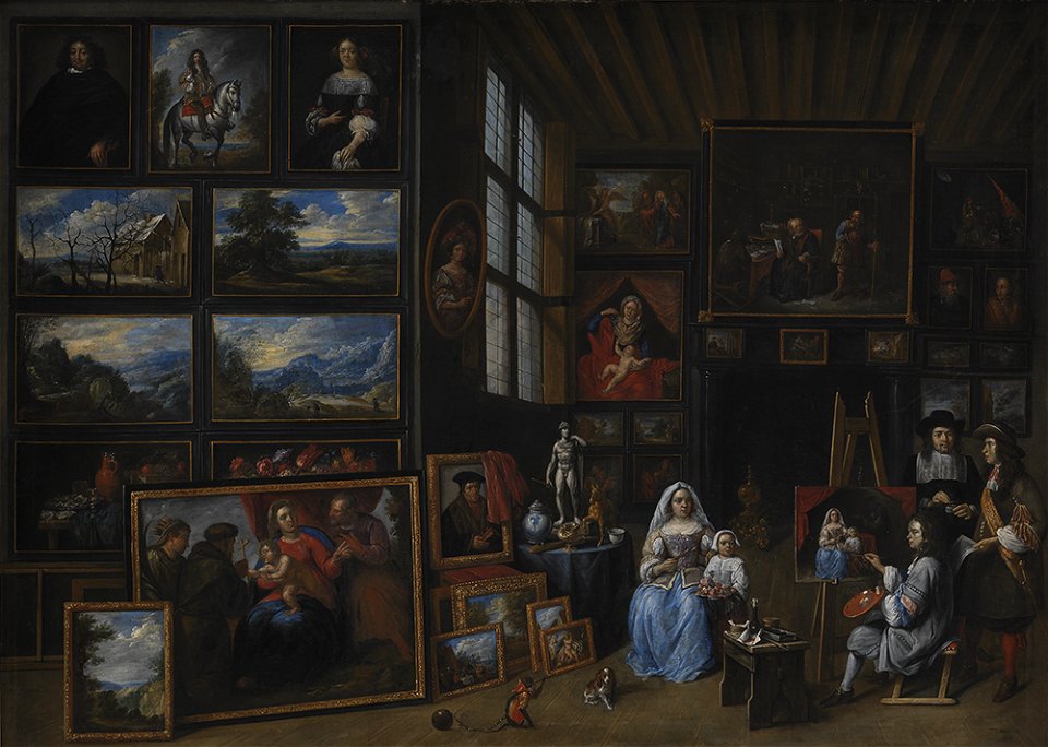 Gillis van Tilborgh - Et billedgalleri med en kunstner, der maler en kvinde og en pige. Allegori over malerkunsten - KMSsp292 - Statens Museum for Kunst