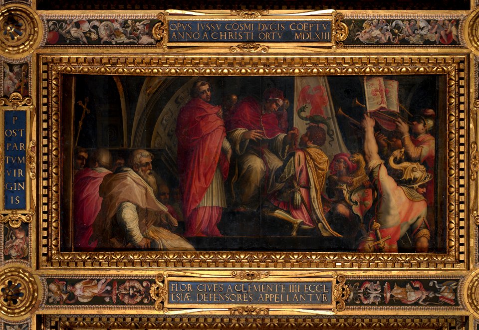 Giorgio Vasari - Clemente IV hands his insigna to the captains of the Guelph Part - Google Art Project