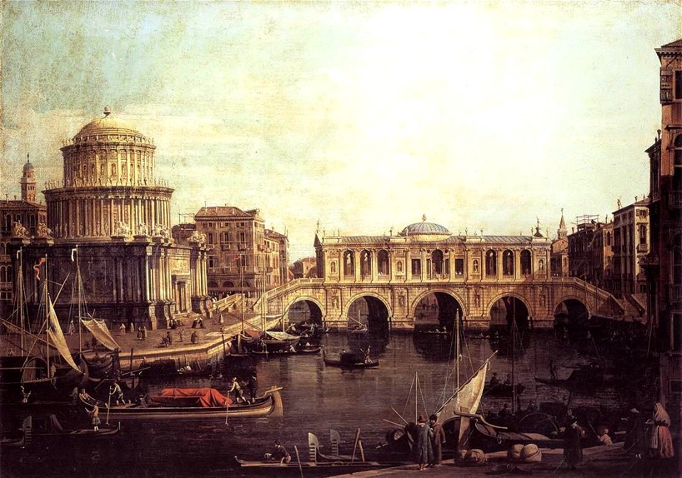 Giovanni Antonio Canal, il Canaletto - Capriccio - The Grand Canal, with an Imaginary Rialto Bridge and Other Buildings - WGA03937