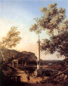 Giovanni Antonio Canal, il Canaletto - Capriccio - River Landscape with a Column - WGA03956