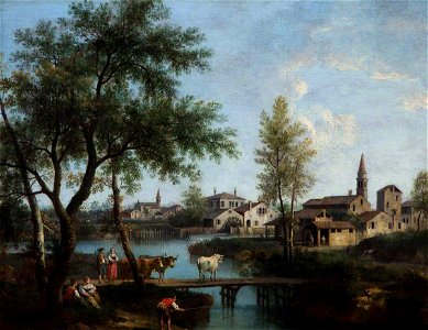 Giovanni Battista Cimaroli (1687-1771) - Landscape with Cows Crossing a Bridge near a Town - 108840 - National Trust