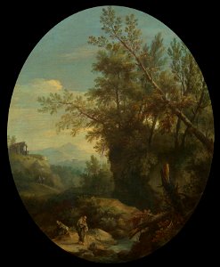 Giovanni Battista Cimaroli (Salò c. 1687-1753) - A Rocky Wooded Landscape with Hermits - RCIN 406948 - Royal Collection