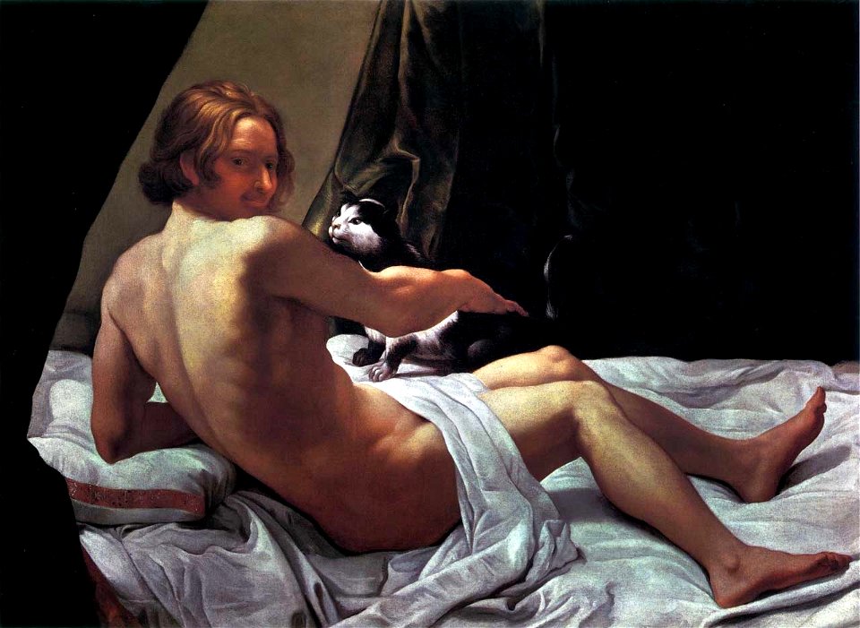 Giovane nudo sul letto con un gatto - Lanfranco