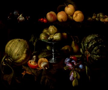 Giovanni Battista Crescenzi - Figs on a Tazza with Pears, Quinces, Melons, Plums, Mushrooms on a Table, with Figs, Cherries, Peaches, and Acorns on a Ledge Above - 2012.273 - Museum of Fine Arts
