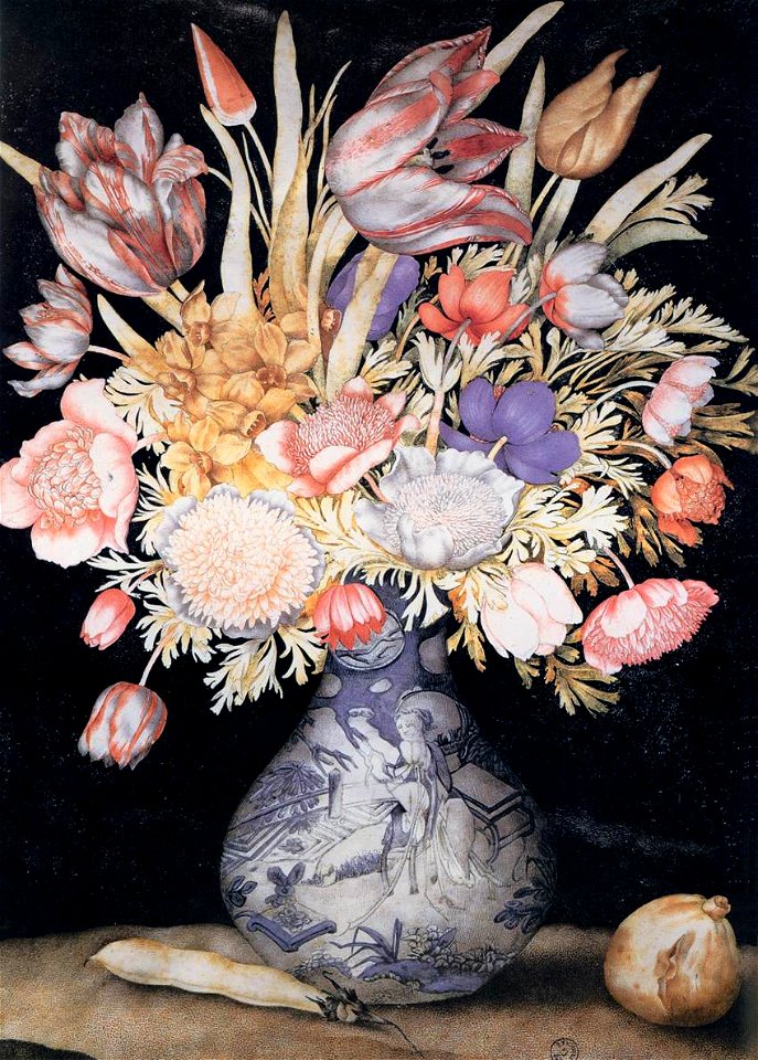 Giovanna Garzoni - Chinese Vase with Flowers, a Fig, and a Bean - WGA08491