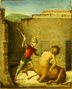Giovanni Battista Cima da Conegliano - Theseus Killing the Minotaur - Google Art Project. Free illustration for personal and commercial use.