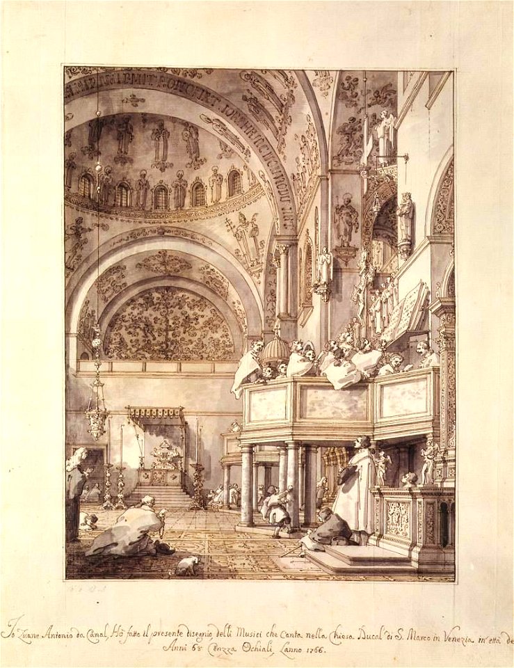 Giovanni Antonio Canal, il Canaletto - San Marco - the Crossing and North Transept, with Musicians Singing - WGA03991