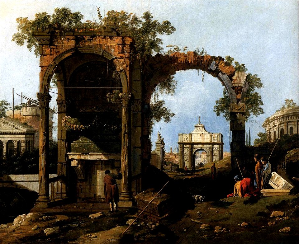 Giovanni Antonio Canal, il Canaletto - Capriccio with Classical Ruins and Buildings - WGA03970