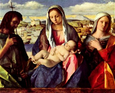 Giovanni Bellini - Madonna con Bambino tra san Giovanni Battista e una giovane santa. Free illustration for personal and commercial use.