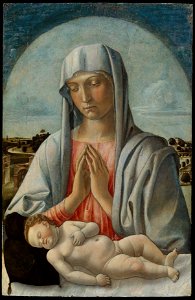 Giovanni Bellini - Madonna che adora il Bambino dormiente - Metropolitan Museum - New York. Free illustration for personal and commercial use.