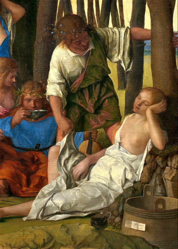 Giovanni Bellini and Titian - The Feast of the Gods - Detail- figures right & tub with script
