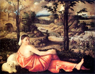 Giovanni Cariani - Reclining Woman in a Landscape - WGA4214. Free illustration for personal and commercial use.