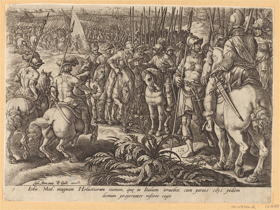 Giovanni De' Medici Sends Back The Swiss Mercenaries 1578 print by Stradanus, S.I 54383, Prints Department, Royal Library of Belgium