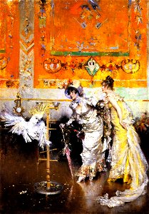 Giovanni Boldini - Teasing the Parrot. Free illustration for personal and commercial use.