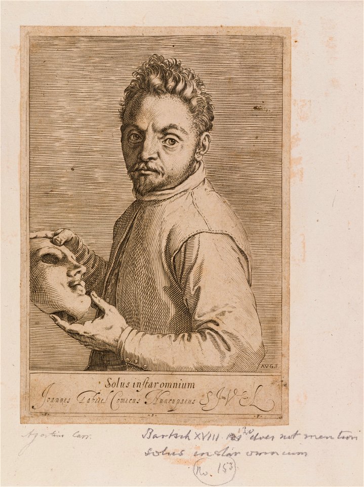 Giovanni Gabrielli (Sivello) holding a mask. Etching by Wellcome L0048998