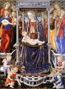 Giovanni di Piermatteo Boccati - Madonna and Child Enthroned with Music-Making Angels - WGA02325. Free illustration for personal and commercial use.