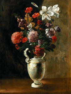 Giovanni Martinelli - Roses, foxgloves, peonies, carnations and lilies, in a majolica vase. Free illustration for personal and commercial use.