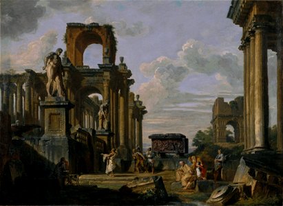 Giovanni Paolo Panini - An Architectural Capriccio of the Roman Forum with Philosophers and Soldiers among Ancient Ruins, in... - Google Art Project