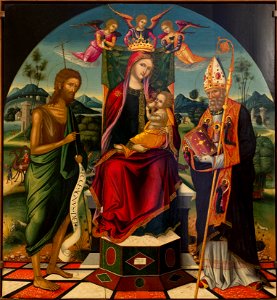 Giovanni Permeniate - La Madonna tra San Giovanni Battista e Sant'Agostino. Free illustration for personal and commercial use.